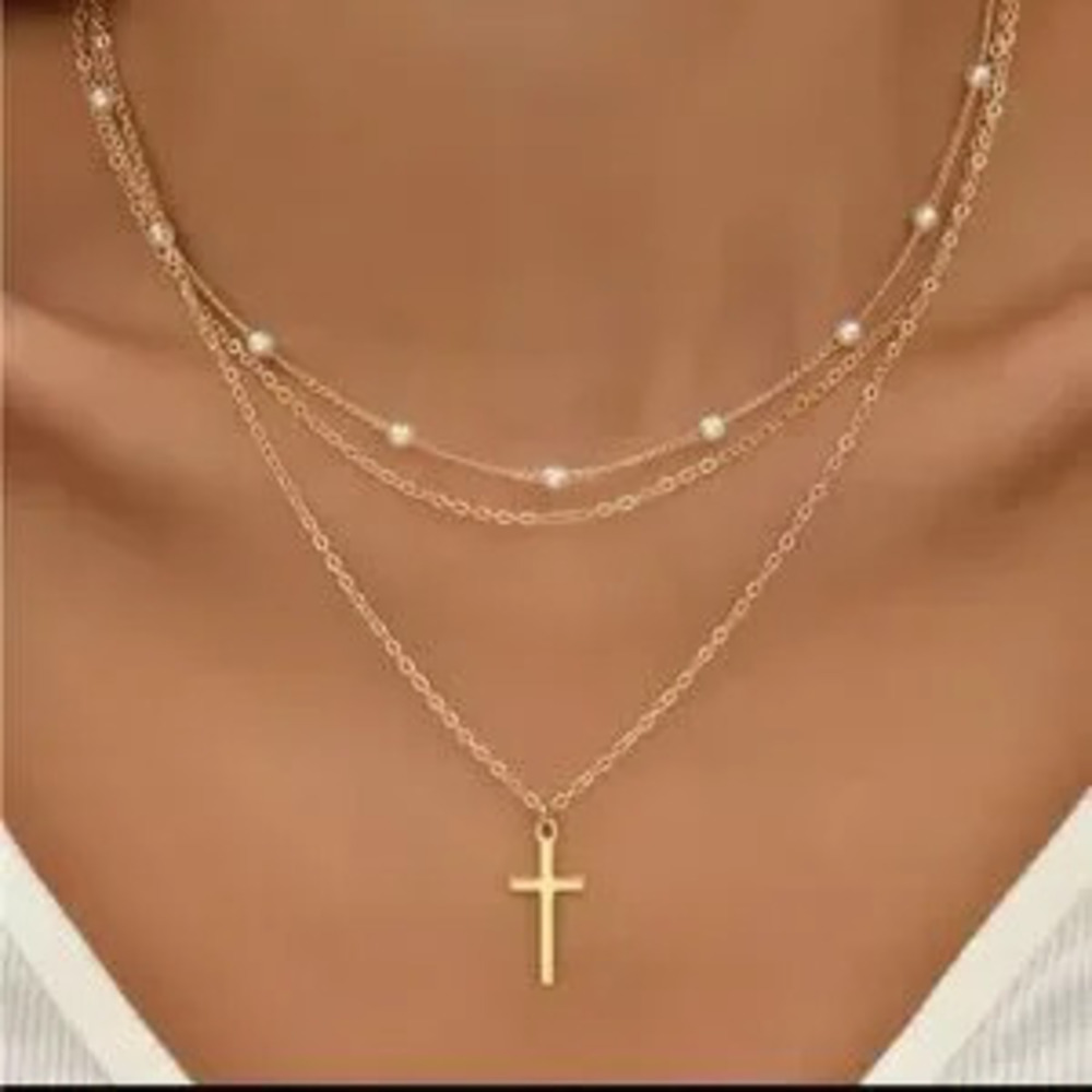 Gold Filled Pearl Cross Multilayer Necklace